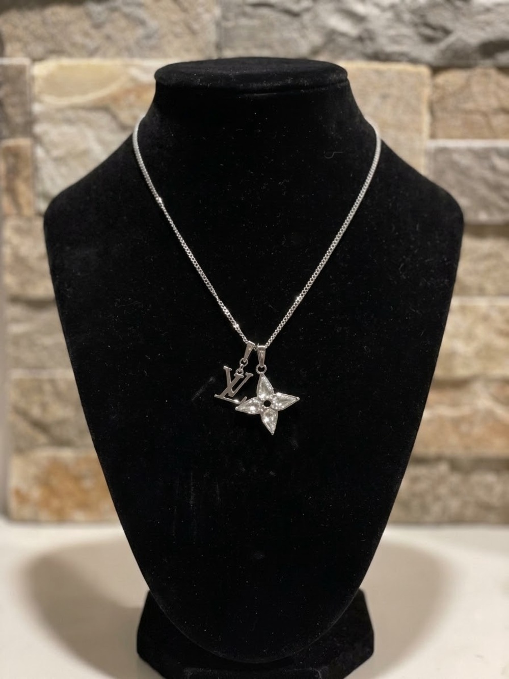 Striking Silver-Tone LV logo & Crystal Necklace